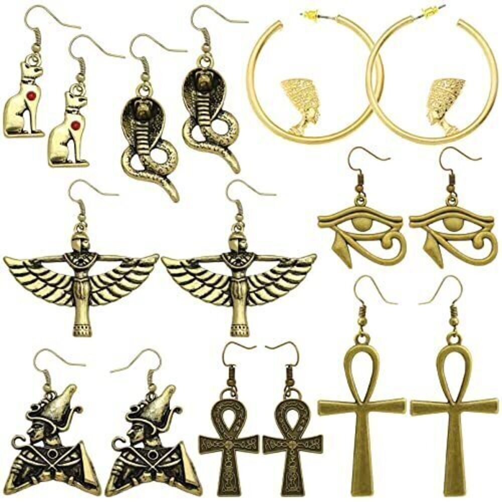 9352 8 Pairs Egyptian Ancient Costume Dangle Set Earrings Cross Snake Hoop